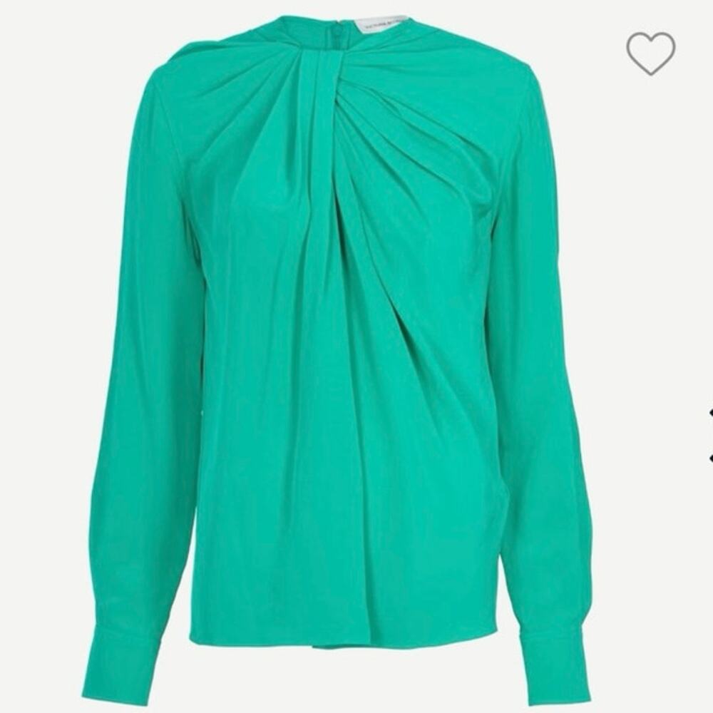 VICTORIA BECKHAM Scoop-neck twist-knot silk-crepe shirt Teal Green Size US 10 - Picture 11 of 11